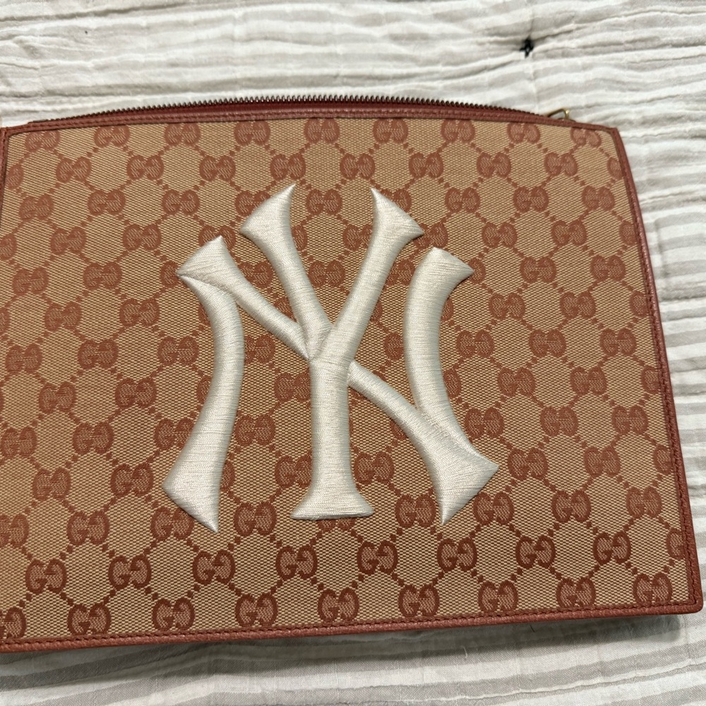 Gucci Beige and Brown NY Logo Pouch